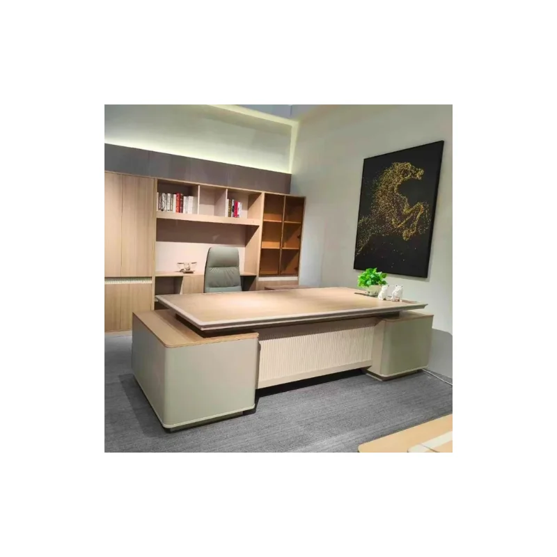 Bureau de direction bois clair avec rangements élégants pour espace professionnel