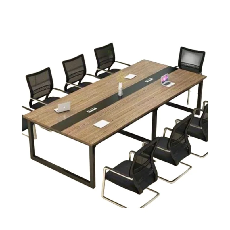 Table de réunion rectangulaire moderne en bois avec structure métallique noire