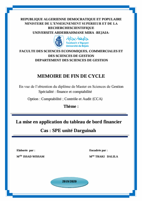 Mémoires CCA Tableau de bord financier