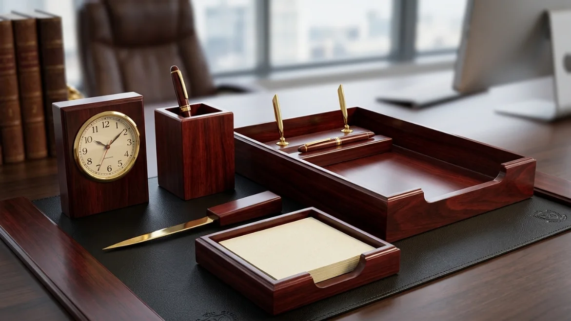 طقم مكتب خشبي ملكي - 7 قطع (خشب أحمر داكن)