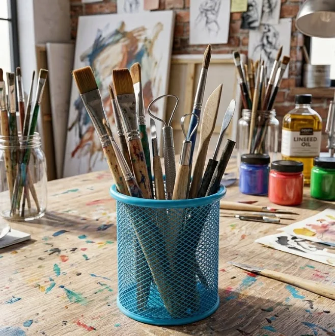 حامل أقلام مكتبي معدني شبكي - ألوان متعددة