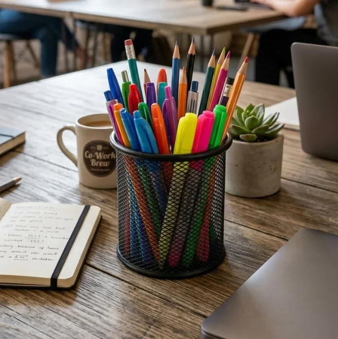 حامل أقلام مكتبي معدني شبكي - ألوان متعددة