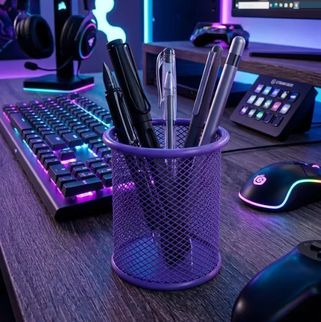 حامل أقلام مكتبي معدني شبكي - ألوان متعددة