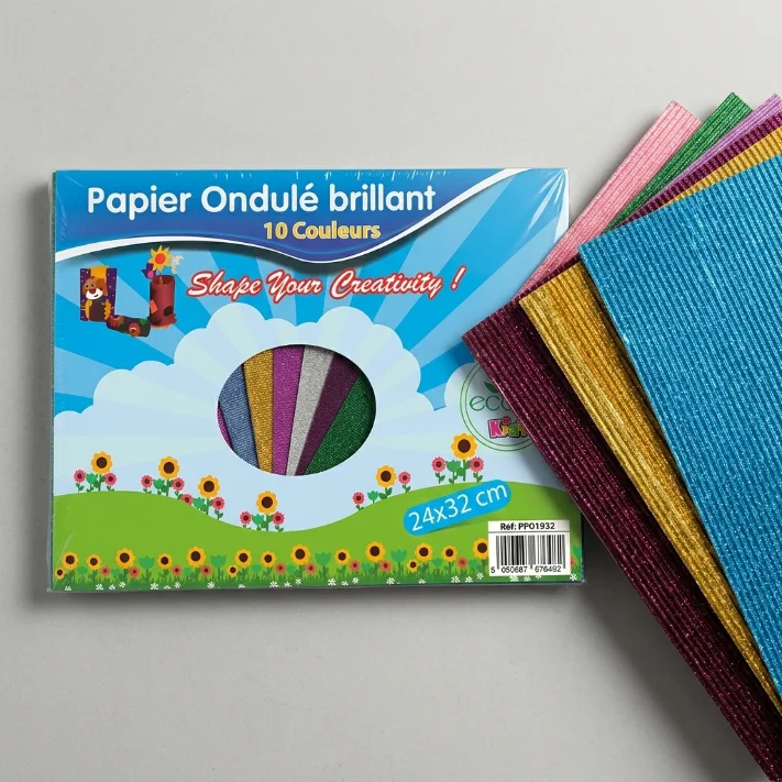 ورق مقوى مموج ولامع (Papier Ondulé Brillant) - 10 ألوان متنوعة - مقاس 24×32 سم
