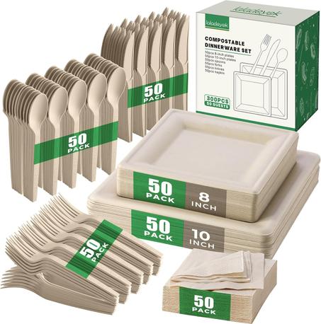 Juego de 300 platos de papel desechables, utensilios compostables de caña de azúcar, juego de vajilla respetuoso con el medio ambiente, incluye 50 platos biodegradables, tenedores, cuchillos