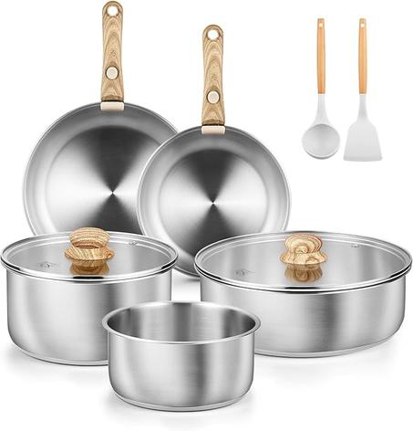KOCH SYSTEME CS Juego de utensilios de cocina de acero inoxidable, juego de ollas y sartenes de acero inoxidable 18/10, 11 piezas, ollas y sartenes con mango desmontable para un fácil almacen