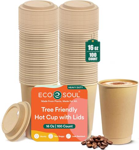 ECO SOUL Vasos calientes 100% compostables a base de plantas de 16 onzas con tapas compostables | (100 unidades, tazas calientes de 16 onzas) | Vasos desechables de papel de bagazo | Vasos ec