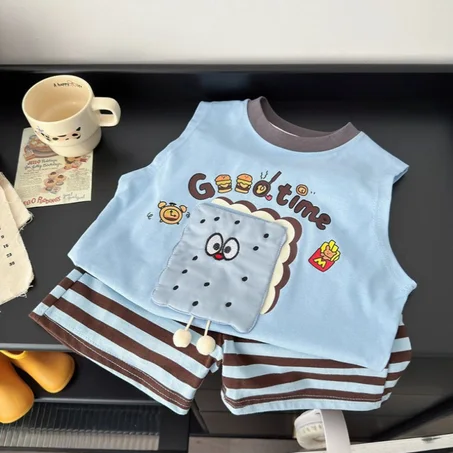 Ensemble deux pièces , débardeur et short en pur coton, style coréen, pour enfant,.