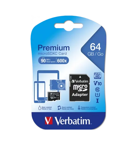 Carte Mémoire 64 Gb Verbatim Micro SDXC jusqu'à 90 Mo/s - Avec Adaptateur