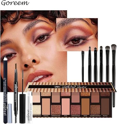 جوريم مجموعة مكياج مكونة من 16 لون و6 فرش وقلم تحديد العيون حواجب مزدوج الراس ومجموعة عين سوداء للمبتدئين طبيعي ألوان متعددة