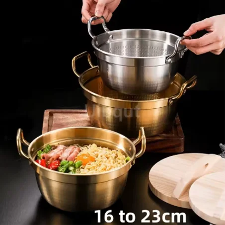 قدر الرامن الكوري المصنوع من الفولاذ المقاوم للصدأ (ستانلس ستيل) للطبخ، بمقبض مزدوج، مضاد للصدأ، قدر صغير للحساء والنودلز، متين، بلون ذهبي وفضي، قدر للحليب.