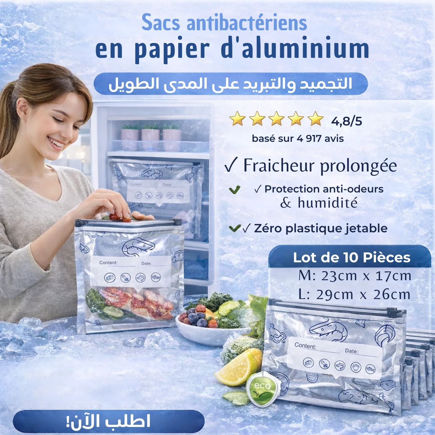 Lot de 10 sacs de congélation réutilisables en feuille d