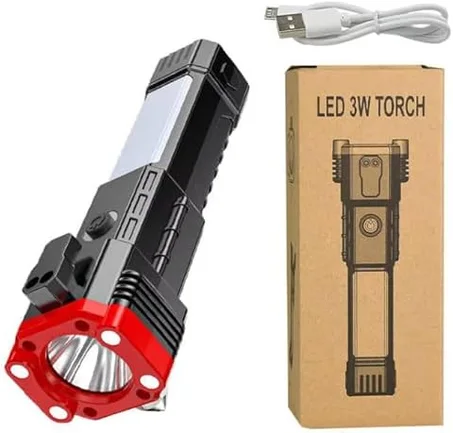 مصباح يدوي LED قابل لإعادة الشحن عبر USB للاستخدام الخارجي مع وظائف كسر النوافذ وقطع أحزمة الأمان