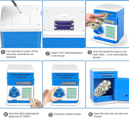 💰 خزنة النقود الصغيرة الذكية: حصالة بنظام الصراف الآلي لتعليم الأطفال!  Kids Money Bank Machine (Bleu)