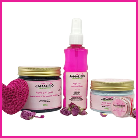 مجموعة العناية الفاخرة بمستخلصات الورد والنيلة – لمسة من الجمال المغربي الأصيل 🌸✨
