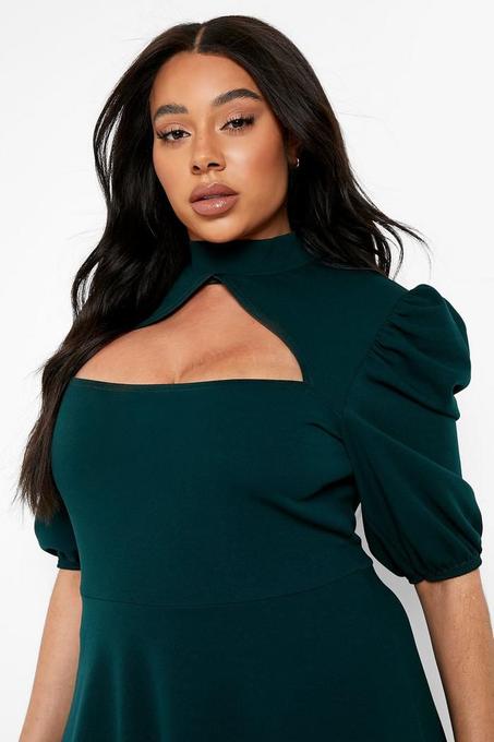 Robe midi à manches bouffantes en trou de serrure vert émeraude