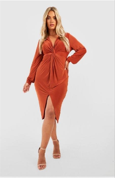 Robe midi plongeante Plus Twist sur le devant orange