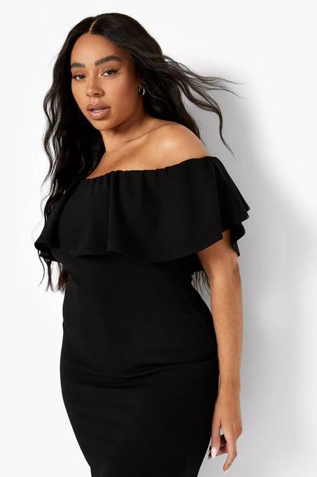 Robe midi à volants à épaules dénudées noire