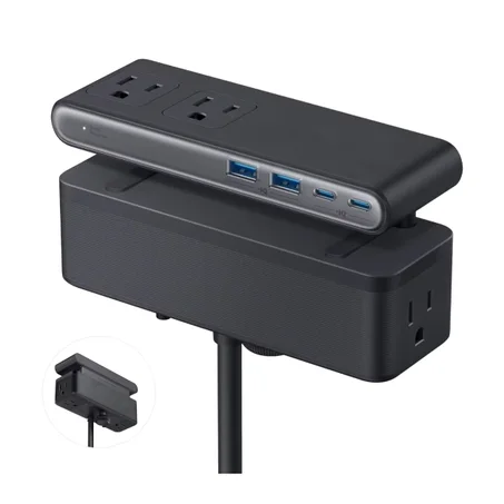 Multiprise de Bureau à Pince avec Protection Anti-Surtension 1500J — 6 Prises + 4 Ports USB