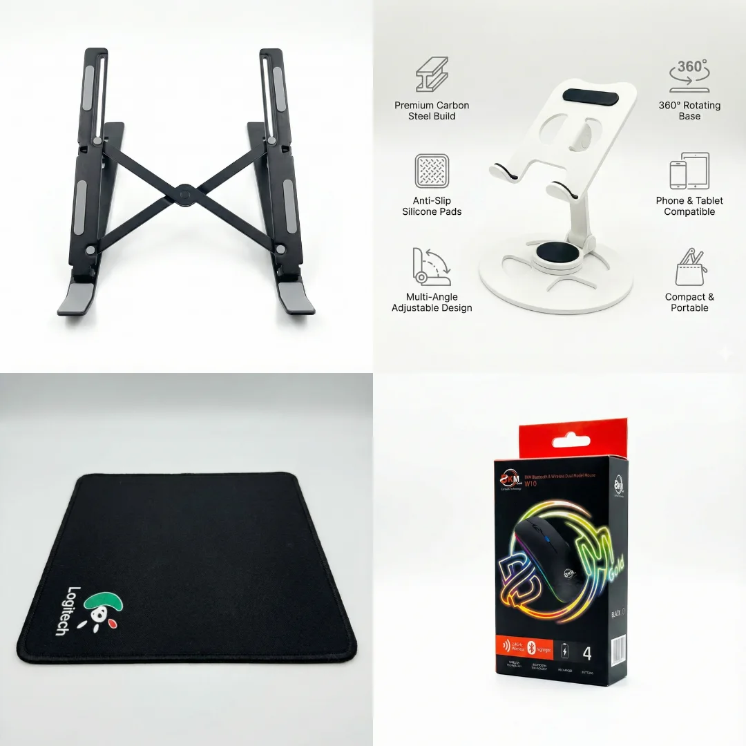 Pack Bureau : Support PC + Support Phone + Souris Sans fil Rechargeable + Tapis Souris