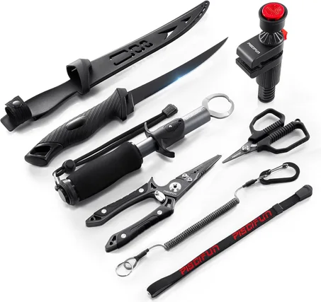 Piscifun 6pc Fishing Tool Kit, Fishing Line Spooler, Stainless Steel Pliers, Fillet Knife, Braid Scissors, Aluminum Fish Gripper, Lanyard, Fishing Gear Gifts for Men Women