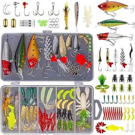 GOANDO Fishing Lures Kit for Freshwater Bait Tackle Kit for Bass Trout Salmon Fishing Accessories Tackle Box Including Spoon Lures Soft Plastic Worms Gifts for Men