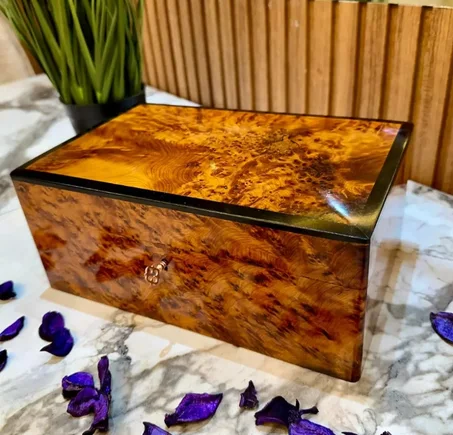 Luxury Moroccan Thuya Wood Burl Jewelry Box – Handmade Wooden Keepsake Chest with Black Trim