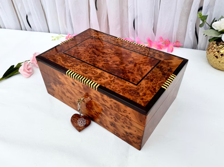 Handmade Thuya Burl Jewelry Box: Lockable Velvet-Lined Wooden Organizer