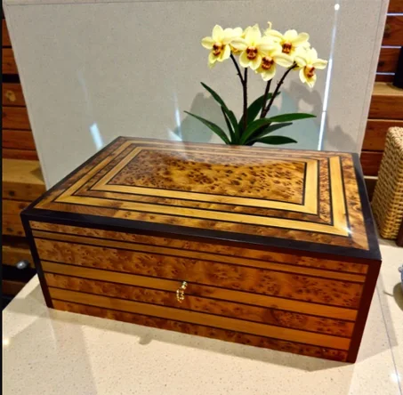 Large Thuya Wood Jewelry Box Handmade Burl Wood Keepsake Boxwith Striped Inlay Design