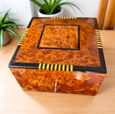 Square Thuya Wood Jewelry Box, Luxury Wooden Organizer with Geometric Design