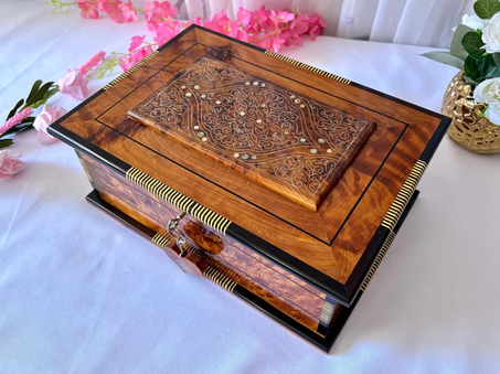 Large Wooden Jewelry Box With Mirror 12"x9" Burl With Two Storage Level