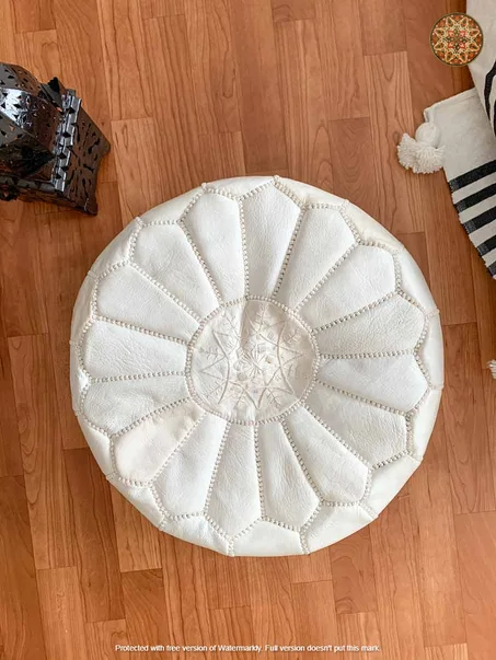 Pouf Marocain En Cuir Couleur Blanc