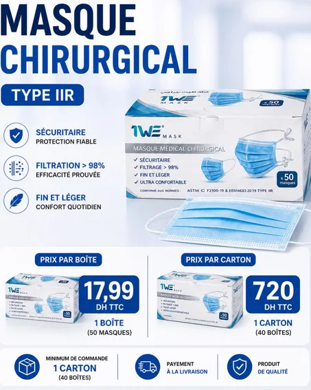Masque Chirurgical Type IIR / 40 boites de 50 Masques