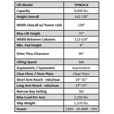 Tuxedo TP9KACX 9,000 lb Two Post Clear Floor - Asymmetric
