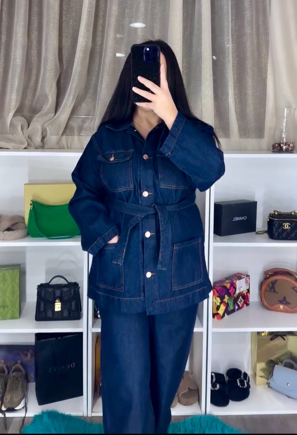 Dark Blue Denim Jacket & Wide-Leg Pants Set