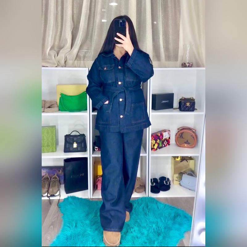 Dark Blue Denim Jacket & Wide-Leg Pants Set
