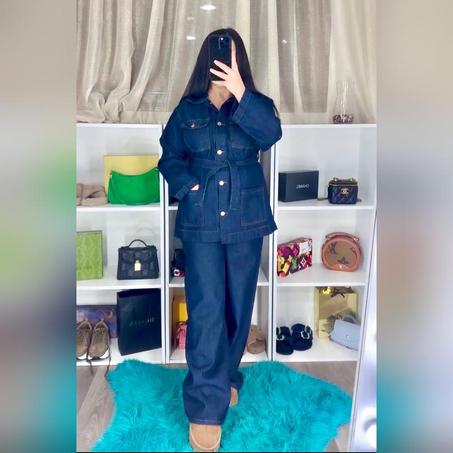 Dark Blue Denim Jacket & Wide-Leg Pants Set