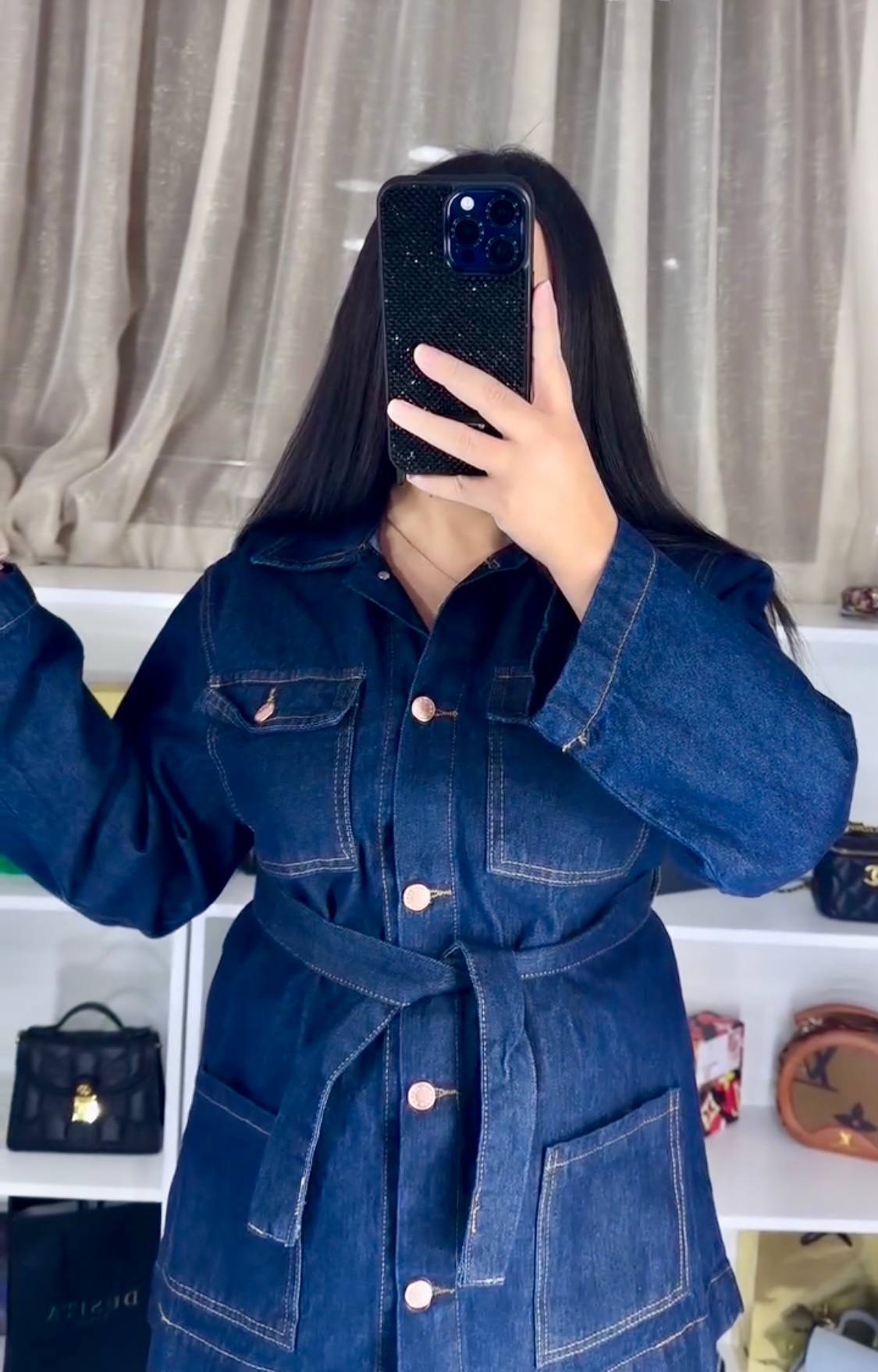 Dark Blue Denim Jacket & Wide-Leg Pants Set