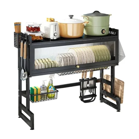 رف تجفيف الصحون فوق الحوض بغطاء واقٍ