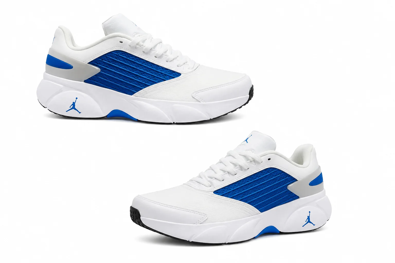 Jordan Trunner Flow, reconnaissables à leur empeigne blanche contrastée par des empiècements latéraux en mesh bleu