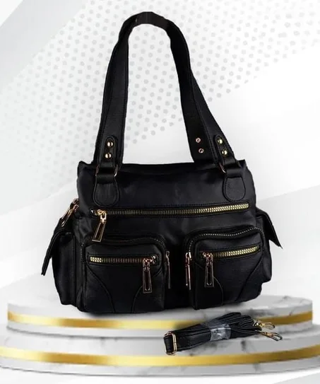 حقيبة الكتف الجلدية متعددة الجيوب اسود