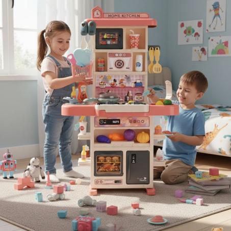 مطبخ كبير الحجم مزوّد بتأثيرات البخار والصوت والإضاءة وصنبور ماء