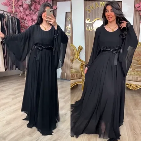 🖤 Abaya Robe Égyptienne Noire avec perles fait main – Élégance Fluide & Raffinement Absolu
