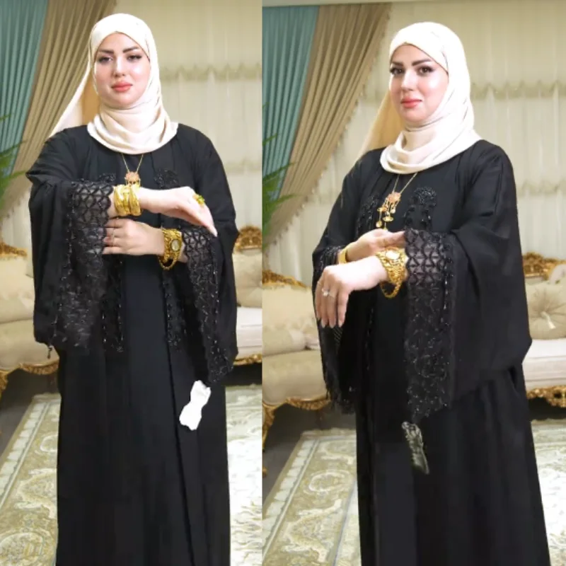 🖤 Abaya Égyptienne 2 Pièces Prestige – Dentelle Fine & Perlage Fait Main ✨