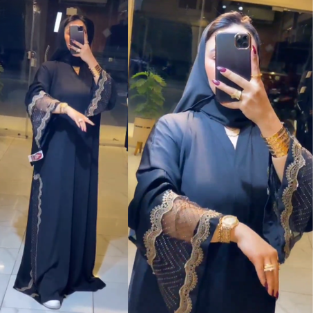 🌟 Abaya Égyptienne Noire avec Dentelle et Strass 🌟