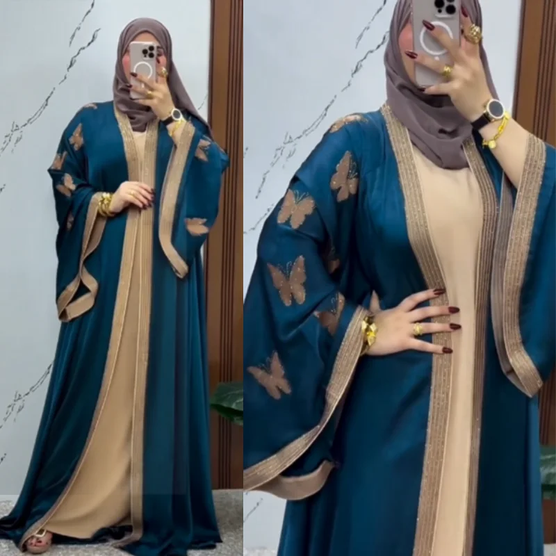 ✨ Abaya Égyptienne papillon 2 Pièces en strass – Soie Premium ✨