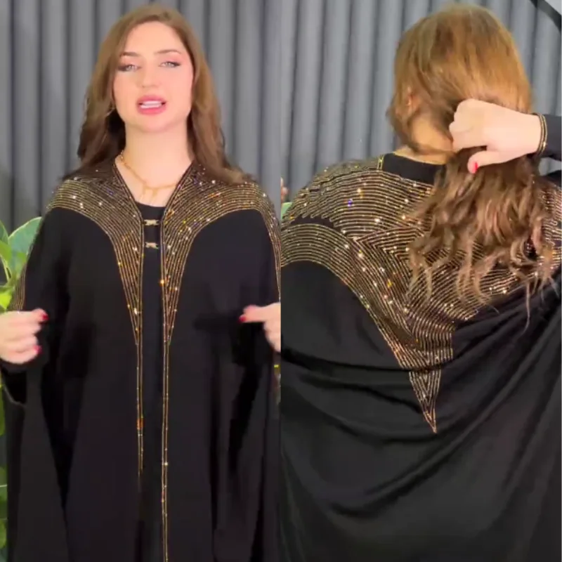 ✨ Abaya Royale Égyptienne en deux pièces  : Éclat & Strass Dorés ✨