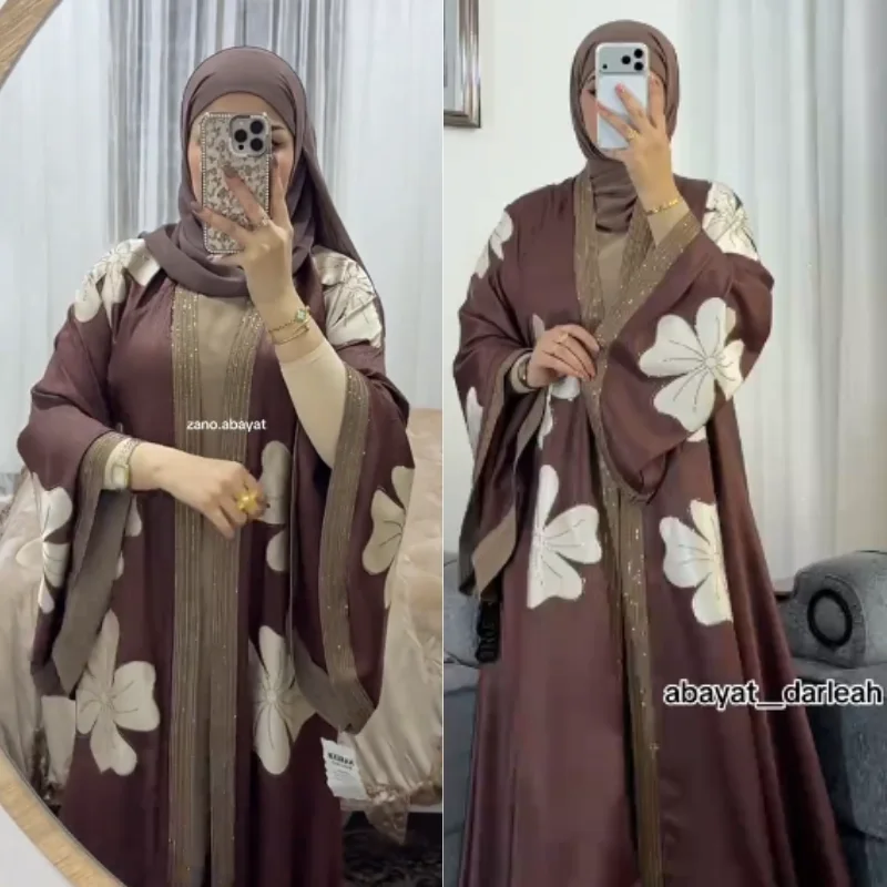 🌸Abaya Égyptienne Florale deux Pièces avec Strass – Soie Premium🌸