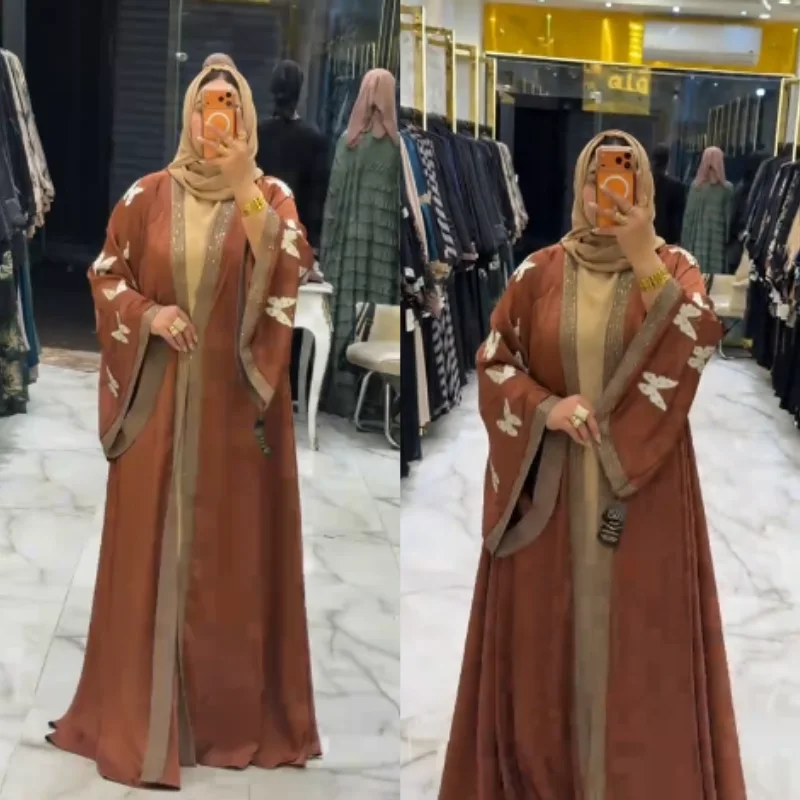 ✨ Abaya Égyptienne papillon 2 Pièces en strass – Soie Premium ✨