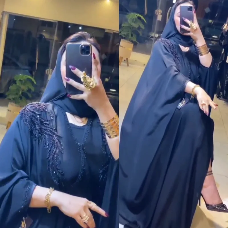 ✨Abaya Oversize Noire en Soie Premium & Perlage✨